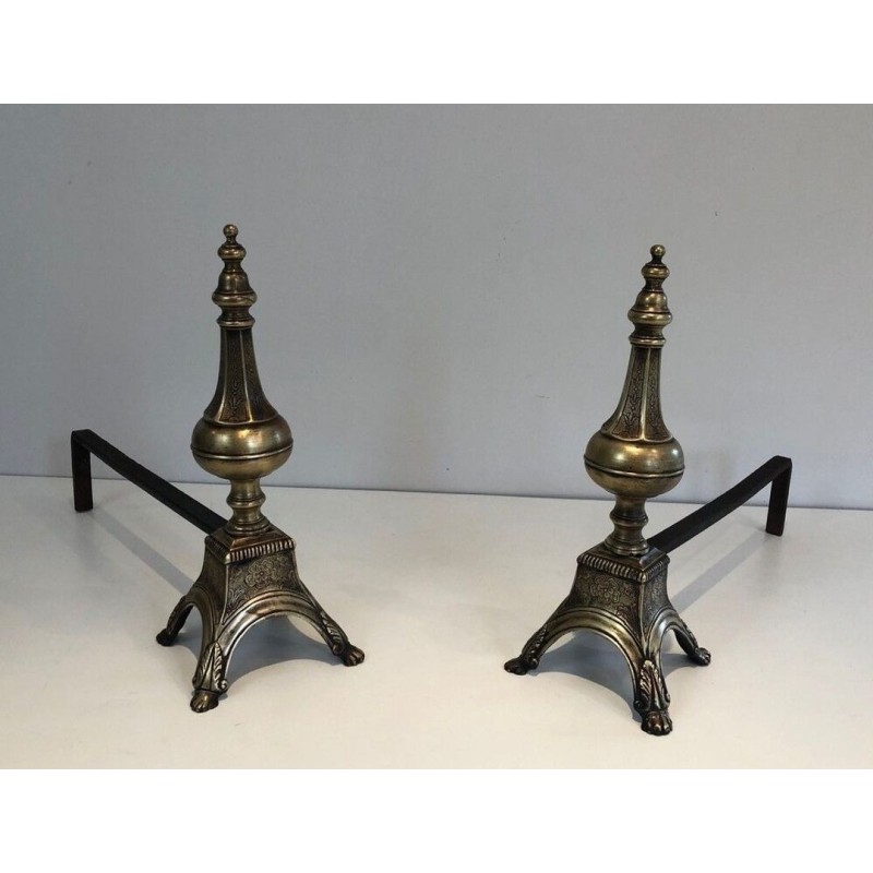 Pair of Louis XVI Style Chiseled Bronze and Wrought Iron Andirons with Urn Finials. France. 19th Century.