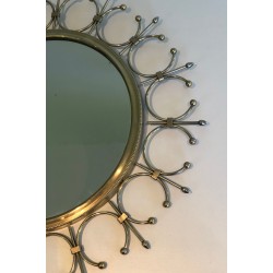 Modernist Brass and Brushed Steel Floral Wreath Sunburst Mirror. France. Circa 1970.