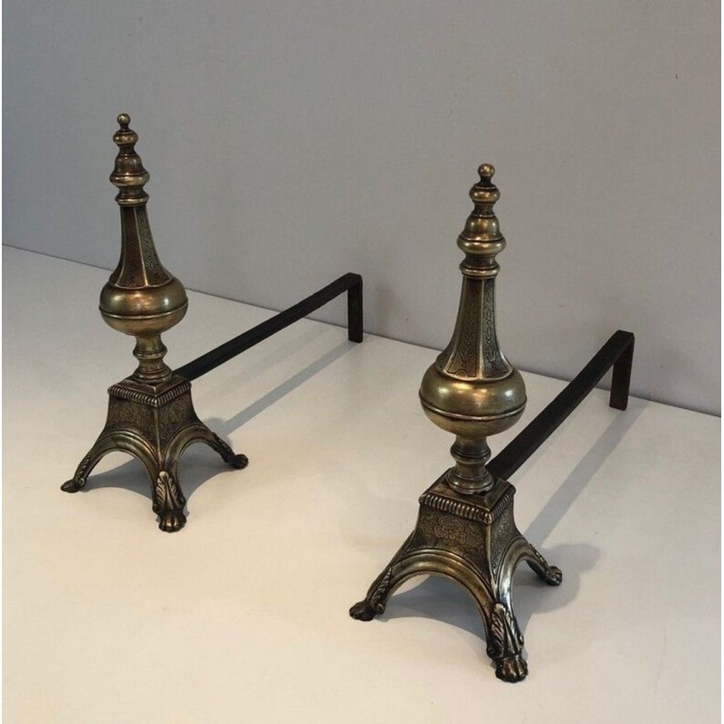 Pair of Louis XVI Style Chiseled Bronze and Wrought Iron Andirons with Urn Finials. France. 19th Century.