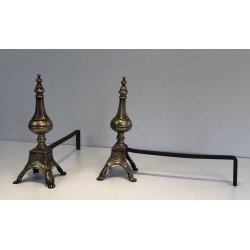 Pair of Louis XVI Style Chiseled Bronze and Wrought Iron Andirons with Urn Finials. France. 19th Century.