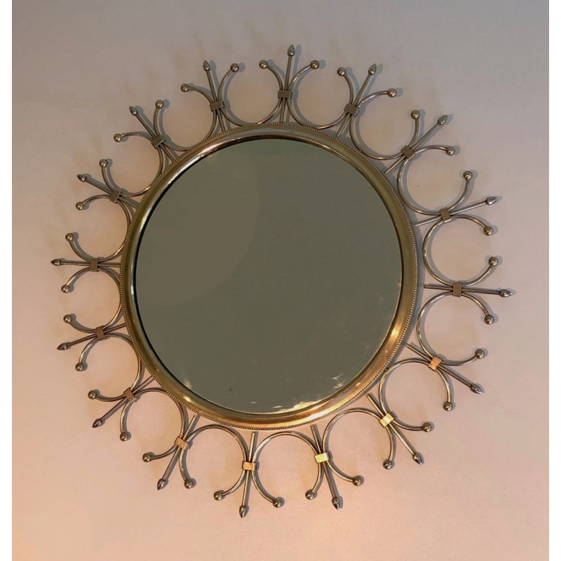 Miroir Soleil en Laiton et Acier Brossé à Couronne Florale Moderniste. France. Vers 1970.