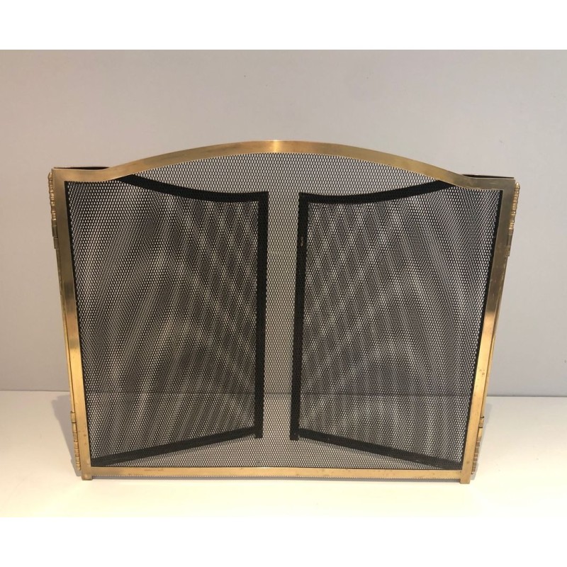 Three-Panel Neoclassical Brass and Wire Mesh Folding Fireplace Screen with Arched Centre. France. Circa 1970.
