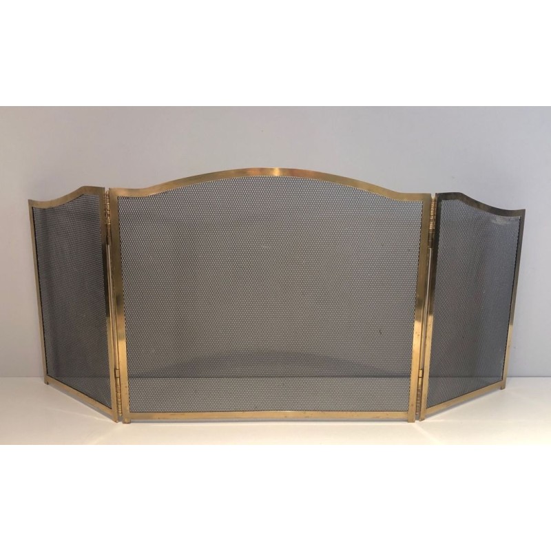 Three-Panel Neoclassical Brass and Wire Mesh Folding Fireplace Screen with Arched Centre. France. Circa 1970.