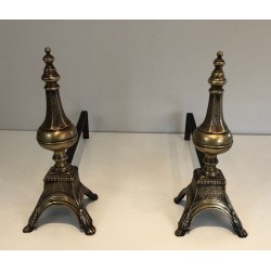 Pair of Louis XVI Style Chiseled Bronze and Wrought Iron Andirons with Urn Finials. France. 19th Century.