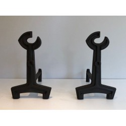 Pair of Modernist Cast Iron Andirons with Open-Ring Finials. France. Circa 1950.