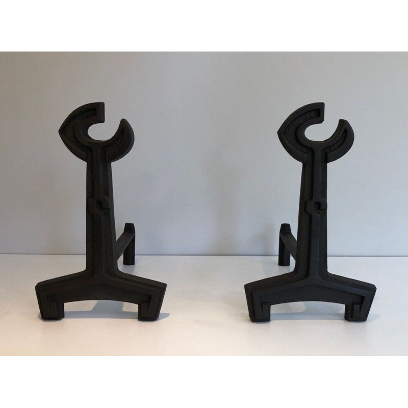 Pair of Modernist Cast Iron Andirons with Open-Ring Finials. France. Circa 1950.
