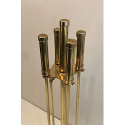 Modernist Brass Fireplace Companion Set with Cylindrical Handles on Stand. France. Circa 1970.