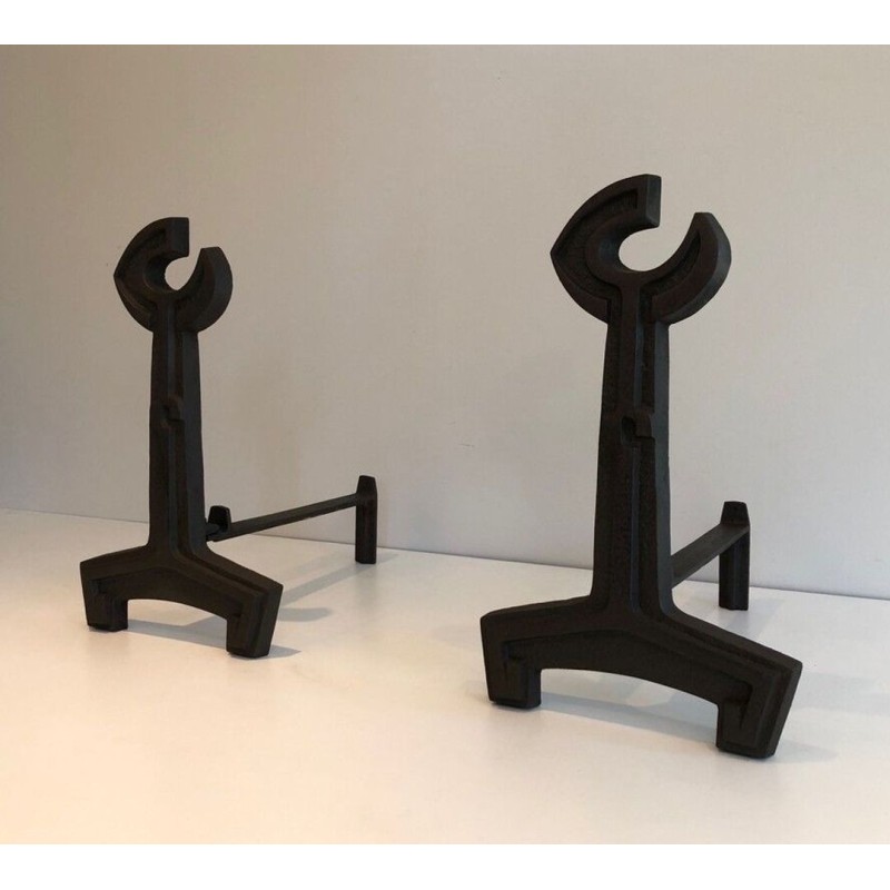 Pair of Modernist Cast Iron Andirons with Open-Ring Finials. France. Circa 1950.