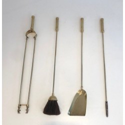 Modernist Brass Fireplace Companion Set with Cylindrical Handles on Stand. France. Circa 1970.