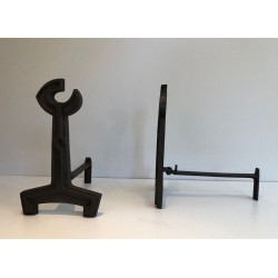 Pair of Modernist Cast Iron Andirons with Open-Ring Finials. France. Circa 1950.