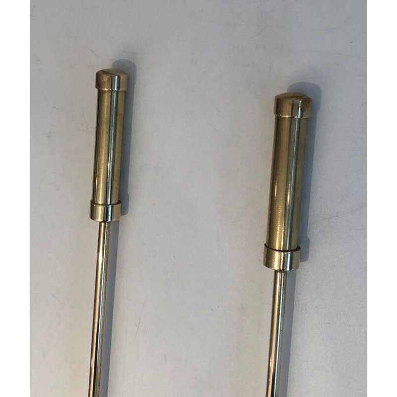 Modernist Brass Fireplace Companion Set with Cylindrical Handles on Stand. France. Circa 1970.