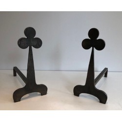Pair of Steel and Wrought Iron Andirons with Trefoil Finials. France. Circa 1950.