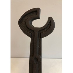 Pair of Modernist Cast Iron Andirons with Open-Ring Finials. France. Circa 1950.