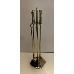 Modernist Brass Fireplace Companion Set with Cylindrical Handles on Stand. France. Circa 1970.