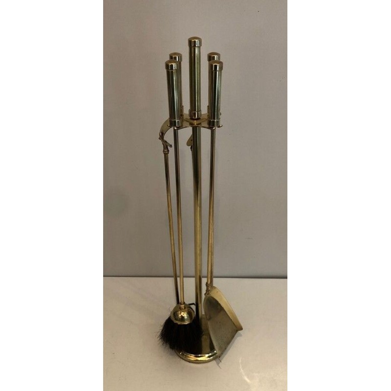Modernist Brass Fireplace Companion Set with Cylindrical Handles on Stand. France. Circa 1970.