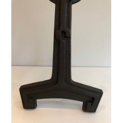 Pair of Modernist Cast Iron Andirons with Open-Ring Finials. France. Circa 1950.