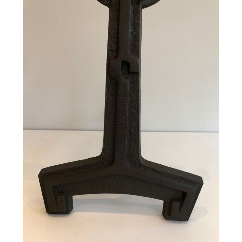 Pair of Modernist Cast Iron Andirons with Open-Ring Finials. France. Circa 1950.