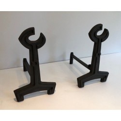 Pair of Modernist Cast Iron Andirons with Open-Ring Finials. France. Circa 1950.