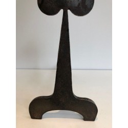 Pair of Steel and Wrought Iron Andirons with Trefoil Finials. France. Circa 1950.