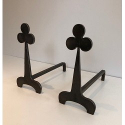 Pair of Steel and Wrought Iron Andirons with Trefoil Finials. France. Circa 1950.
