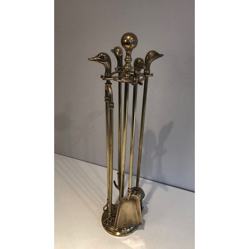 Neoclassical Brass Fireplace Companion Set with Duck-Head Sphere Finial. France. Circa 1970.