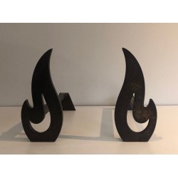 Pair of Modernist Cut-Steel Flame-Form Andirons. France. Circa 1970.