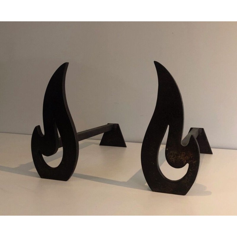 Pair of Modernist Cut-Steel Flame-Form Andirons. France. Circa 1970.