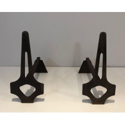 Pair of Geometric Modernist Steel and Iron Andirons with A-Frame Structure. France. Circa 1970.
