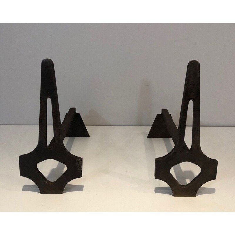 Pair of Geometric Modernist Steel and Iron Andirons with A-Frame Structure. France. Circa 1970.