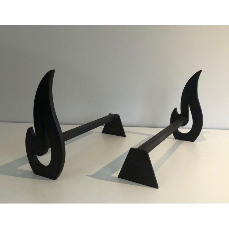 Pair of Modernist Cut-Steel Flame-Form Andirons. France. Circa 1970.