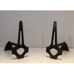 Pair of Geometric Modernist Steel and Iron Andirons with A-Frame Structure. France. Circa 1970.
