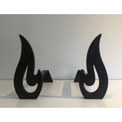 Pair of Modernist Cut-Steel Flame-Form Andirons. France. Circa 1970.