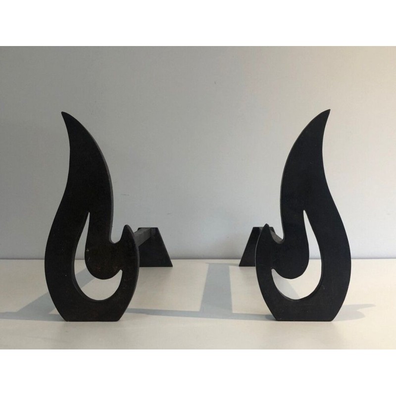 Pair of Modernist Cut-Steel Flame-Form Andirons. France. Circa 1970.