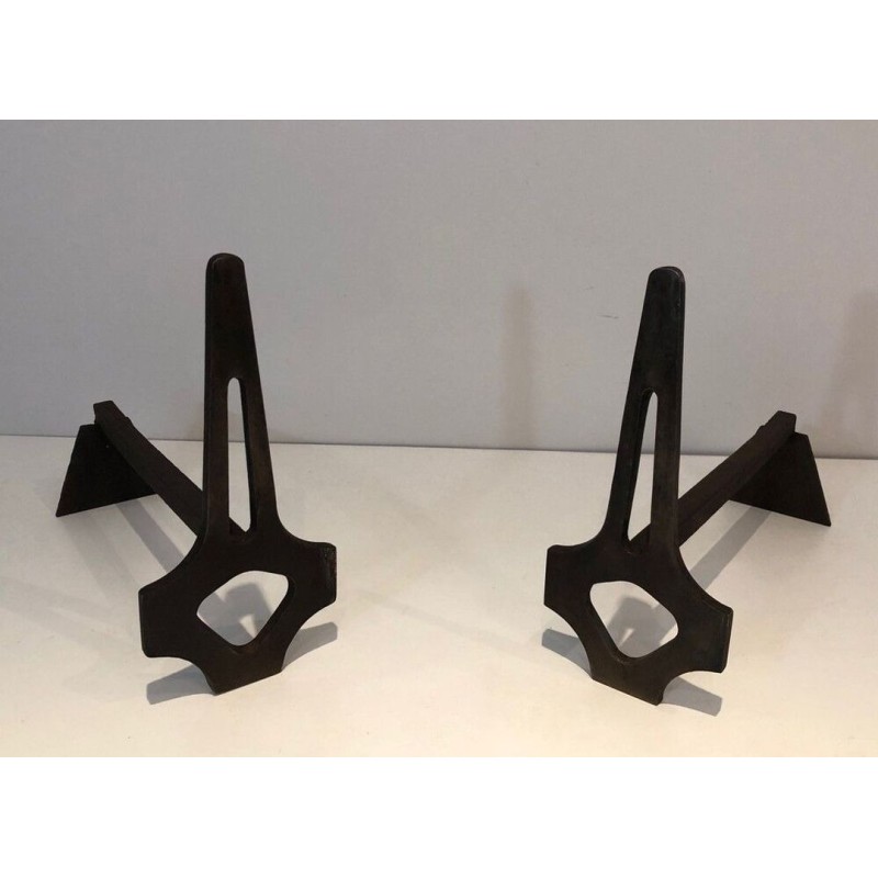 Pair of Geometric Modernist Steel and Iron Andirons with A-Frame Structure. France. Circa 1970.