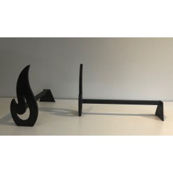Pair of Modernist Cut-Steel Flame-Form Andirons. France. Circa 1970.