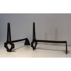 Pair of Geometric Modernist Steel and Iron Andirons with A-Frame Structure. France. Circa 1970.