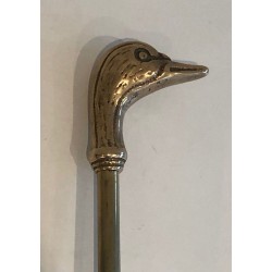 Neoclassical Brass Fireplace Companion Set with Duck-Head Sphere Finial. France. Circa 1970.