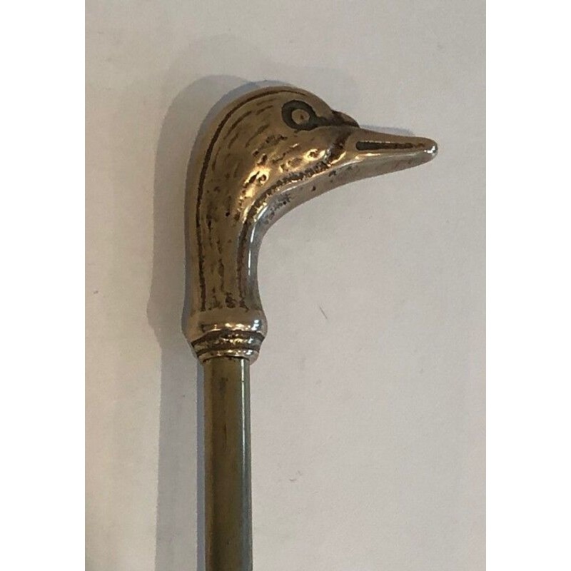 Neoclassical Brass Fireplace Companion Set with Duck-Head Sphere Finial. France. Circa 1970.