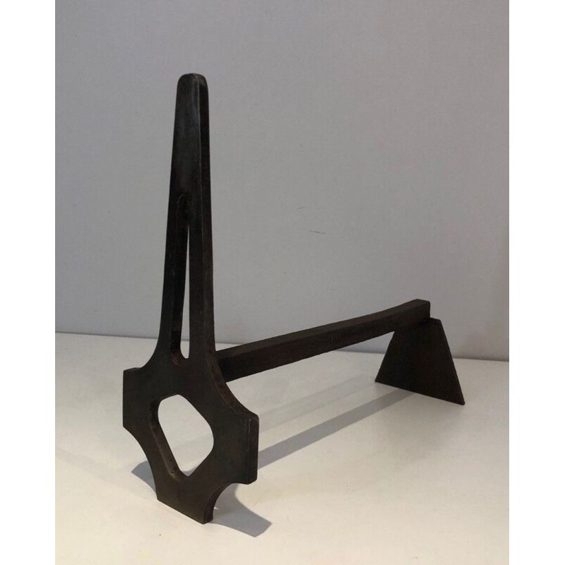 Pair of Geometric Modernist Steel and Iron Andirons with A-Frame Structure. France. Circa 1970.