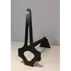 Paire de Chenets Modernistes Géométriques en Acier et Fer Forgé à Structure en A. France. Vers 1970.