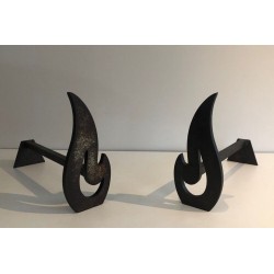 Pair of Modernist Cut-Steel Flame-Form Andirons. France. Circa 1970.