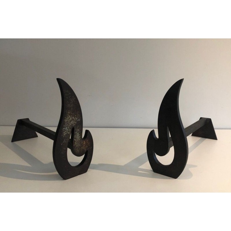 Pair of Modernist Cut-Steel Flame-Form Andirons. France. Circa 1970.