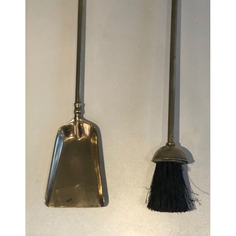 Neoclassical Brass Fireplace Companion Set with Duck-Head Sphere Finial. France. Circa 1970.