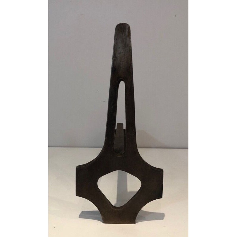 Pair of Geometric Modernist Steel and Iron Andirons with A-Frame Structure. France. Circa 1970.
