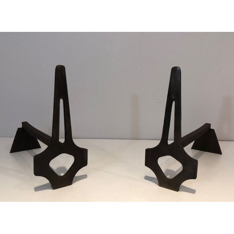 Pair of Geometric Modernist Steel and Iron Andirons with A-Frame Structure. France. Circa 1970.