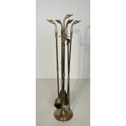 Brass Fireplace Companion Set with Angled Duck-Head Handles on Stand. In the Style of Maison Jansen. France. Circa 1970.
