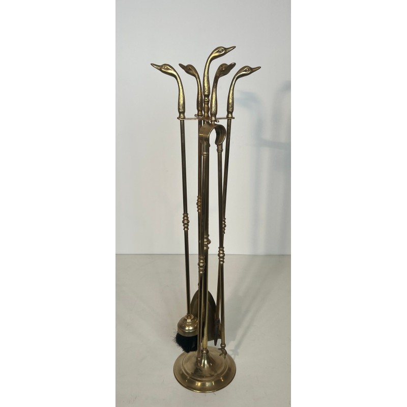 Brass Fireplace Companion Set with Angled Duck-Head Handles on Stand. In the Style of Maison Jansen. France. Circa 1970.