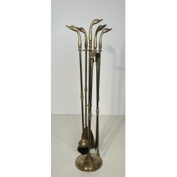 Brass Fireplace Companion Set with Angled Duck-Head Handles on Stand. In the Style of Maison Jansen. France. Circa 1970.