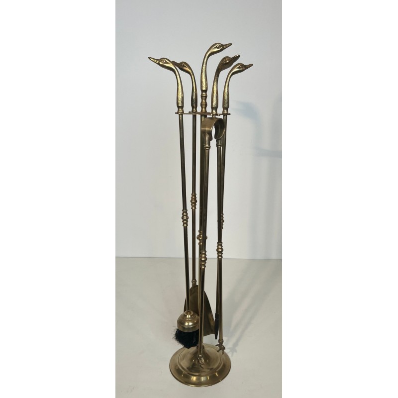 Brass Fireplace Companion Set with Angled Duck-Head Handles on Stand. In the Style of Maison Jansen. France. Circa 1970.