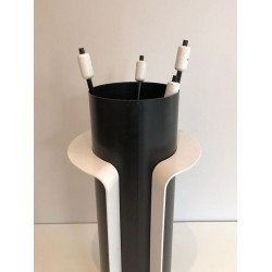 Black and White Lacquered Modernist Fireplace Companion Set with Cylindrical Stand. France. Circa 1980.